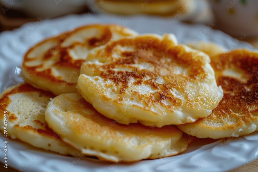 Russian Cottage Cheese Pancakes (Syrniki or Sirniki). A Homemade Delight for Breakfast or Dessert in Bungalow Style, Perfect for Epicure Palates