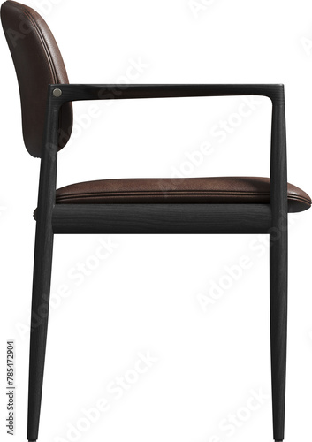 Side view of modern brown leather dinner armchair 