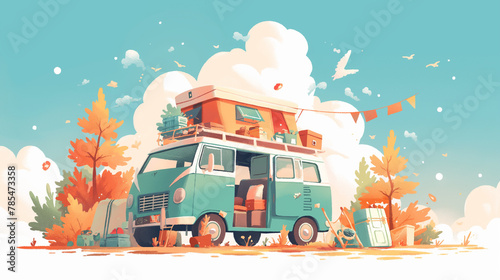 An illustration with a white background that gives the feeling of a car going on an exciting camping trip, Generative AI