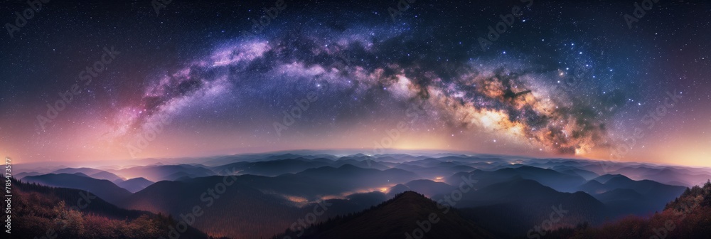 A breathtaking panoramic view of the Milky Way galaxy stretching over the silhouettes of mountain peaks A breathtaking panoramic view of the Milky Way galaxy stretching over the silhouettes of mountain peaks