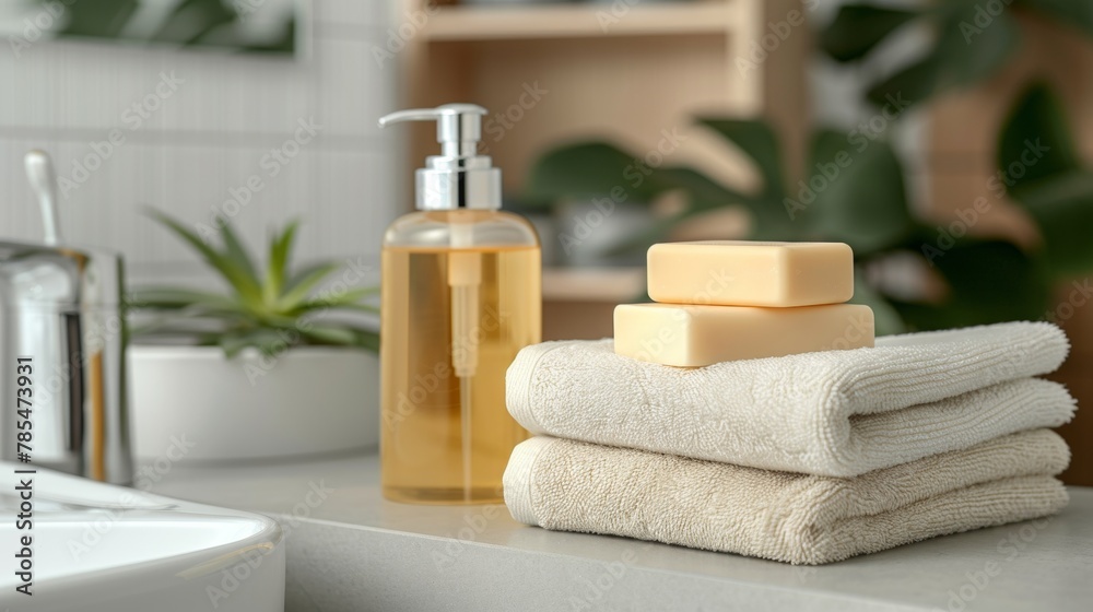 Essential spa bathroom items toiletries, soap, and towel on soft white background Essential spa bathroom items toiletries, soap, and towel on soft white background