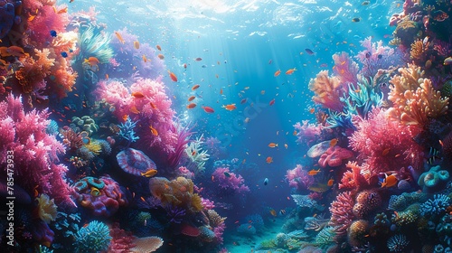 In a coral reef vibrant fish dart among colorful coral formations photo