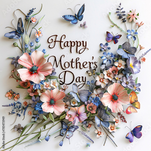 Happy Mother's Day text with frame of flowers and butterflies. © Got Pink?