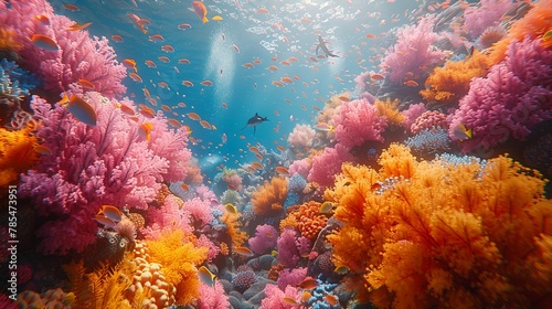 In a coral reef vibrant fish dart among colorful coral formations