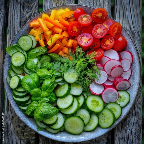 Vegetables Salad  Vegan Plate of Fresh Sliced Cucumbers  Green Onions  Radish  Cherry Tomatoes