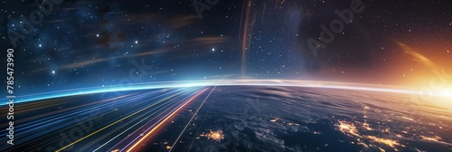 A high-speed orbit captures Earth's city lights and stars in a dynamic long exposure