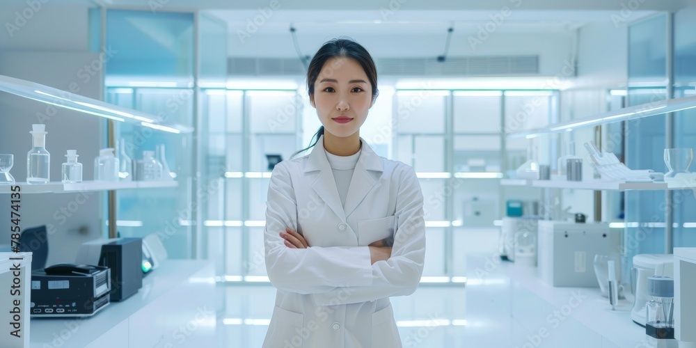 Portrait of confident Asian woman researcher or scientist medical doctor wearing protection glasses standing cross arms in laboratory.cosmetic product working in science laboratory Portrait of confident Asian woman researcher or scientist medical doctor wearing protection glasses standing cross arms in laboratory.cosmetic product working in science laboratory