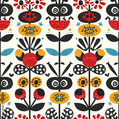 Seamless pattern of nordic folk art with flowers, geometric organic shapes