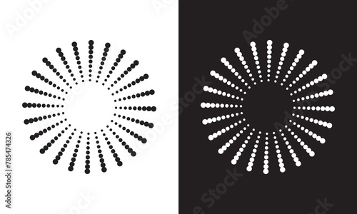 Radial halftone dots in Circle Form. Dotted fireworks explosion background. Starburst round Logo. Circular Design element. Round border Icon using halftone circle dots.