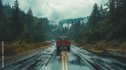 A red car is driving down a wet road in the rain
