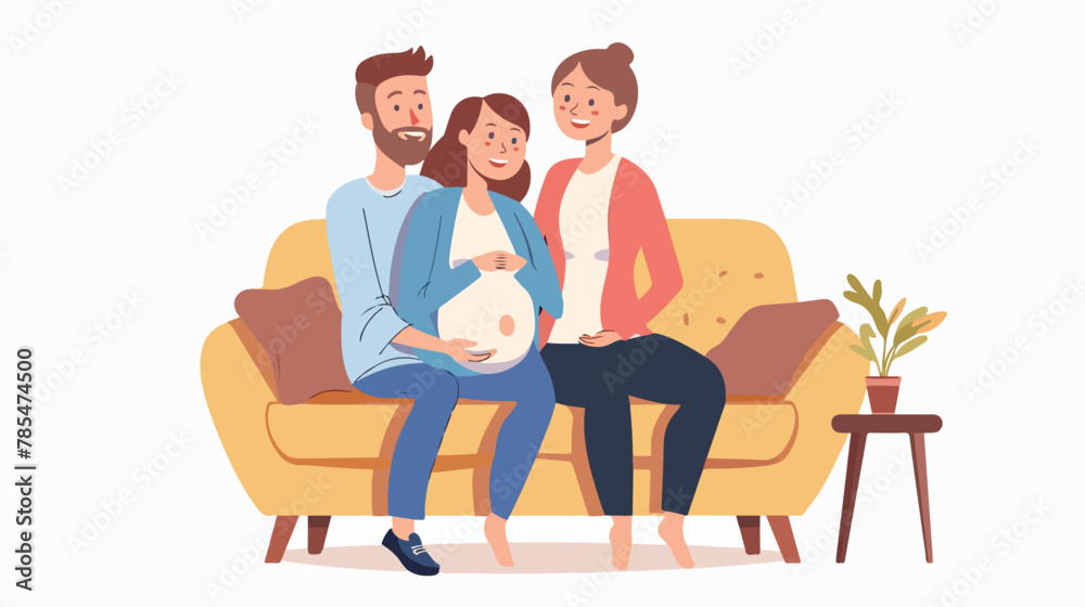 Pregnant woman  her husband sitting on couch  picking