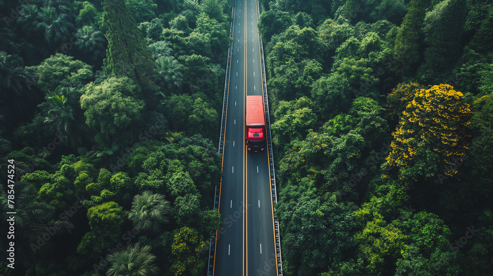 Fototapeta premium A red bus is driving down a road through a forest