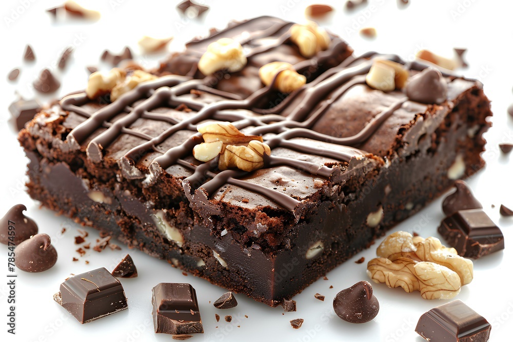 A piece of chocolate cake with nuts on top of it and chocolate chips around it on a white surface a