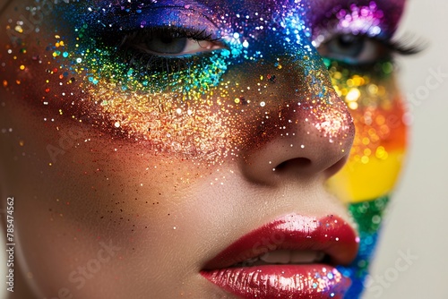 Young woman with expressive make-up with rainbow colors and glitters. LGBTQ concept.