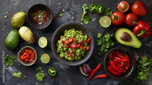 Vibrant ingredients for a sumptuous guacamole: avocados, tomatoes, onions, and cilantro in a fresh food photography concept
