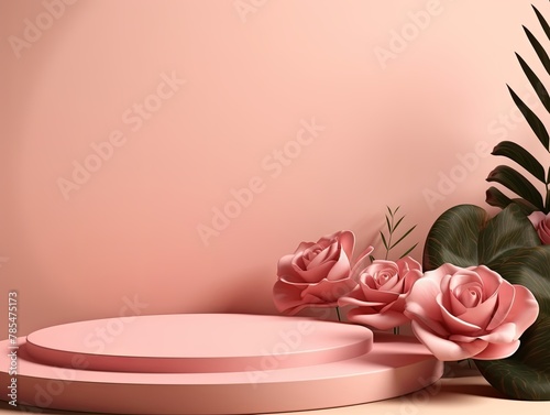 Rose background with shadows of palm leaves on a rose wall  an empty table top for product presentation. A mockup banner stand podium