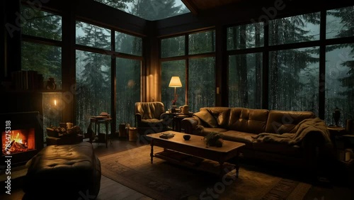 Cozy Cabin Ambience at Night Forest with Relaxing Rain Sounds to Sleep and Cozy Fireplace photo