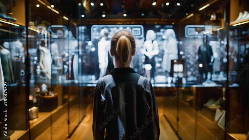 Person viewing futuristic digital display with transparent interface showing anatomical diagrams in a dimly lit, modern exhibition space or store. Person viewing futuristic digital display with transparent interface showing anatomical diagrams in a dimly lit, modern exhibition space or store.