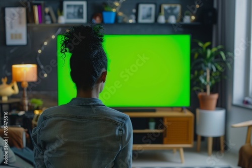 Display mockup from a shoulder angle of a woman in front of an smart-tv with a fully green screen