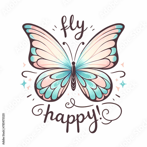 Vector art image of butterfly as a symbol of transformation  growth and beauty of change  pastel colors  text  Fly happy    white background