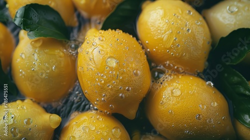 Luscious lemons: overhead close-up revealing glistening water droplets
