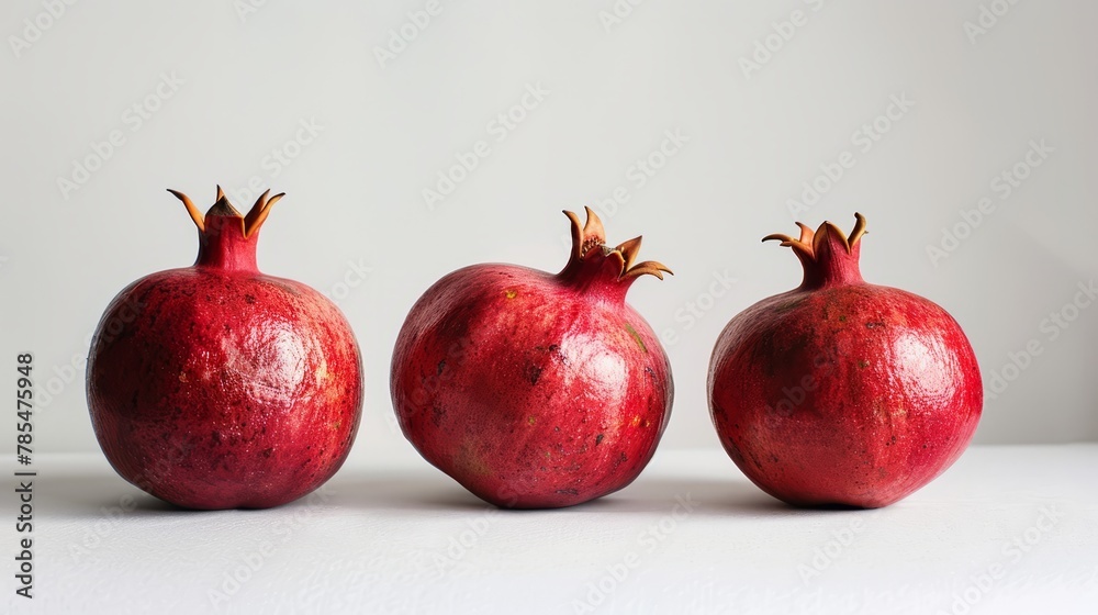 Pomegranate bounty: vibrant ripe fruits on clean white surface, captivating still life composition Pomegranate bounty: vibrant ripe fruits on clean white surface, captivating still life composition
