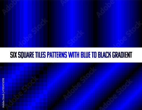 Blue to black in square tiles, seamless vector pattern, monochromatic, collection of six
