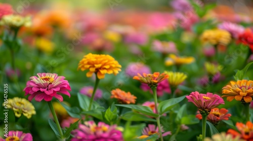 A field of zinnias in full bloom, with various colors and shapes of the flowers © JH