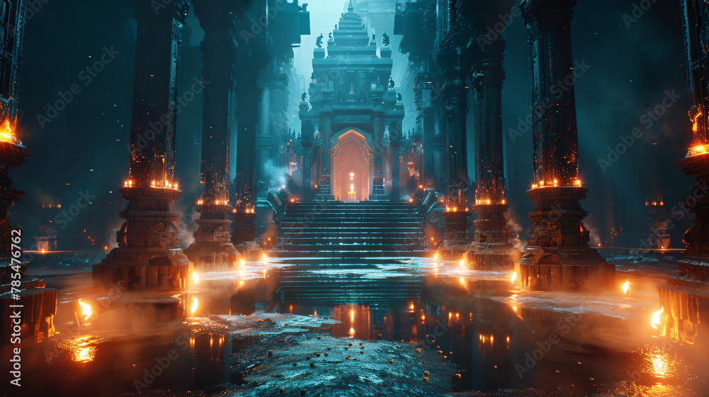 Strange majestic temple with glowing ethereal lights .