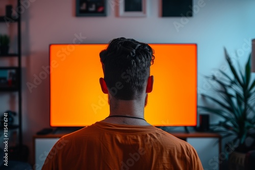 Ui mockup through a shoulder view of a man in front of an smart-tv with a completely orange screen