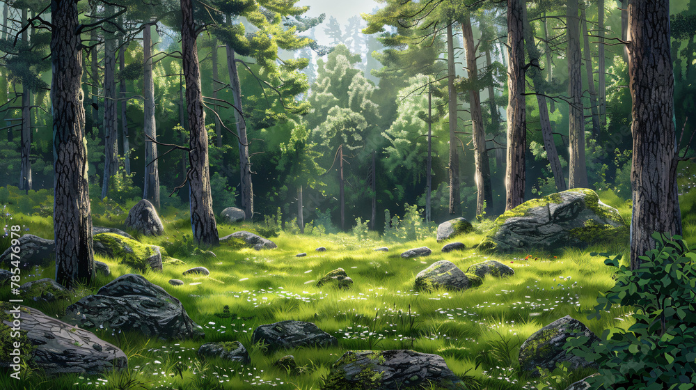 Summer forest with glade green grass rocks and trees. - obrazy, fototapety, plakaty 