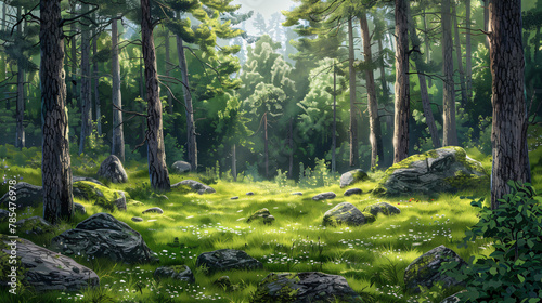 Summer forest with glade green grass rocks and trees. photo