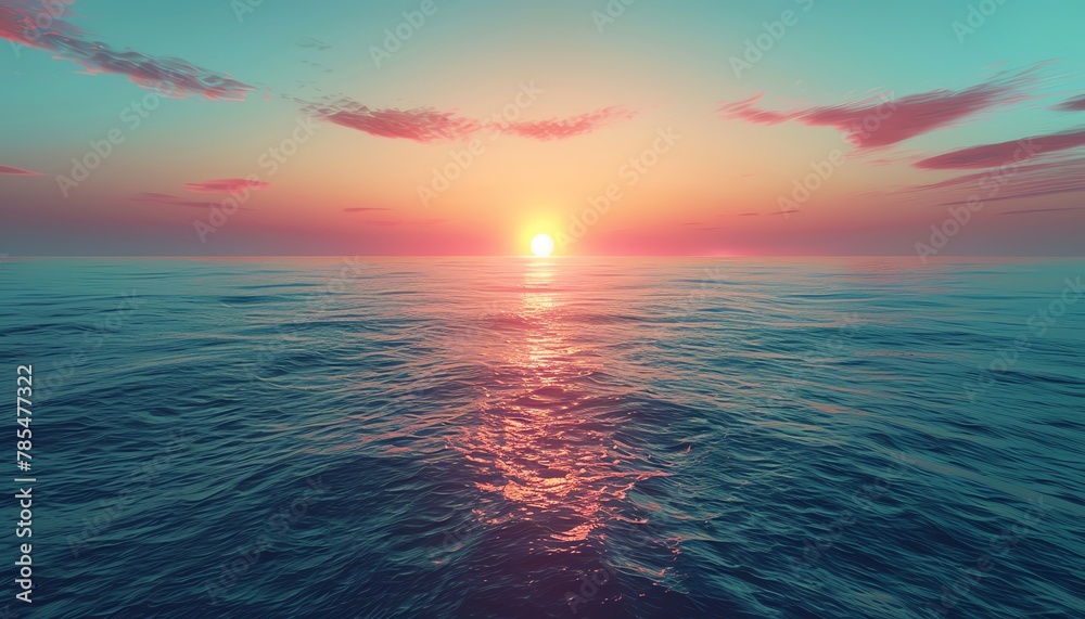 Capture the mesmerizing beauty of a serene ocean sunset with aerial view subtle gradients in a digital rendering technique