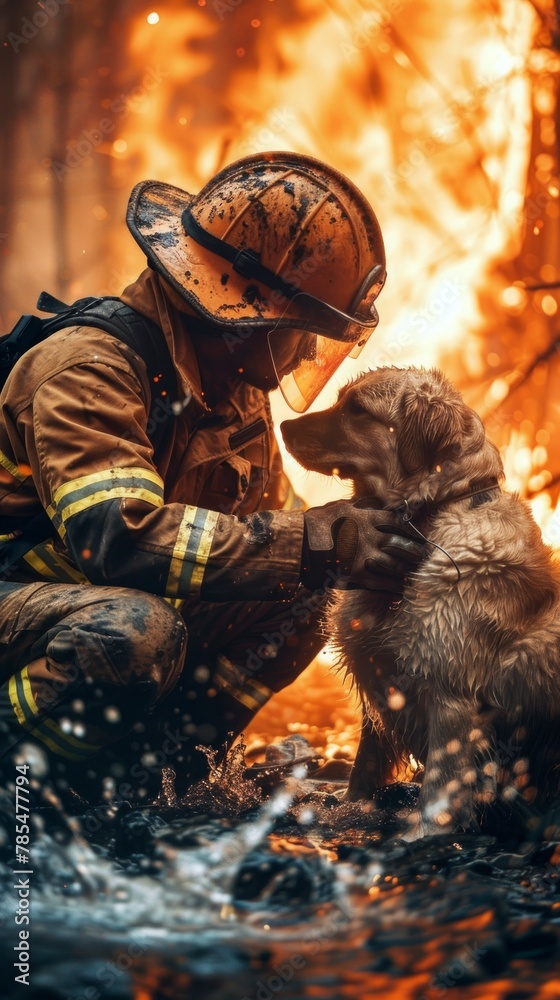 Rescue worker in helmet and visibly distressed dog amidst chaos of fire, emphasizing narrative of companionship and rescue.