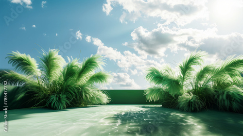 Empty Interior Space with Green Feather Decor and a View of the Blue Sky. Copy space for dance. Generative AI