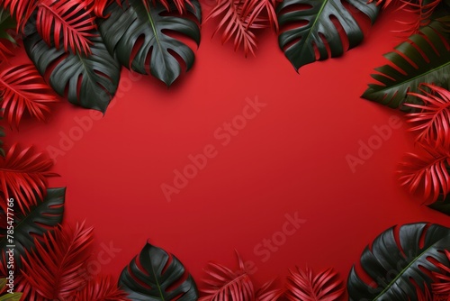 Tropical plants frame background with red blank space for text on red background, top view. Flat lay style. ,copy Space