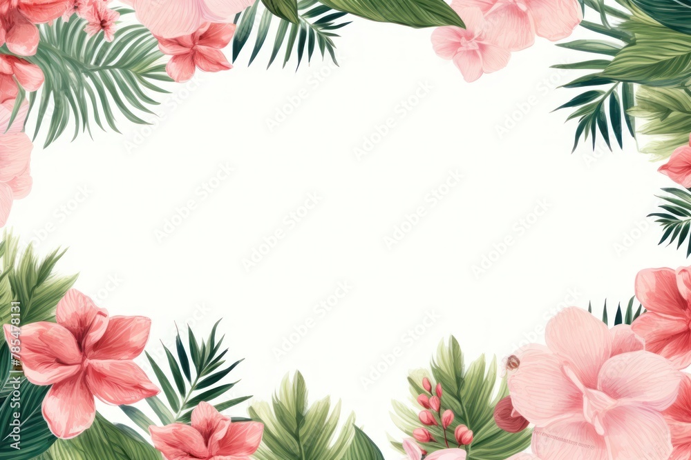Tropical plants frame background with rose blank space for text on rose background, top view. Flat lay style. ,copy Space flat design vector
