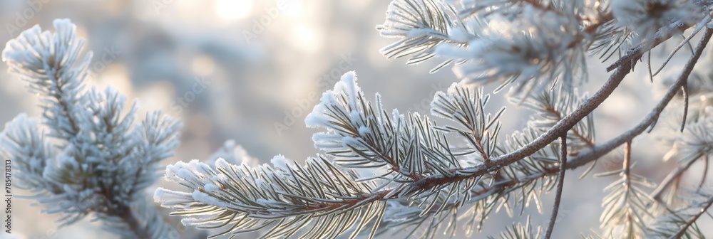 Close-up of pine needles encased in delicate ice crystals, illuminated by a soft winter light, portraying a serene, frosty landscape