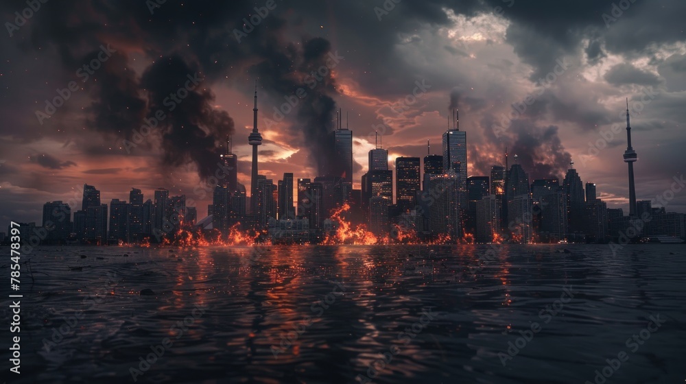 Fiery cityscape crumbles on waterfront. Fire's glow and smoke creating dark, eerie atmosphere. Fiery cityscape crumbles on waterfront. Fire's glow and smoke creating dark, eerie atmosphere.