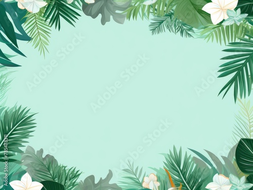 Tropical plants frame background with mint green blank space for text on mint green background, top view. Flat lay style. ,copy Space © GalleryGlider
