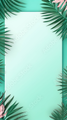 Tropical plants frame background with mint green blank space for text on mint green background  top view. Flat lay style.  copy Space