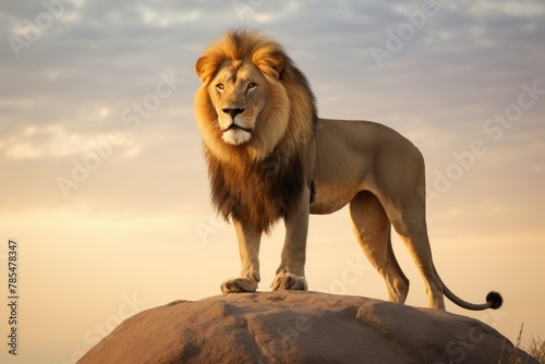 Majestic lion standing atop a rock against a golden sunrise sky.