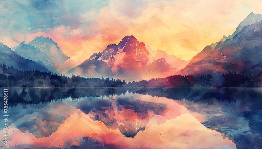 Capture the grandeur of a majestic mountain range at sunset in vivid watercolors, highlighting the warm hues of the sky and the rugged peaks against a tranquil lake