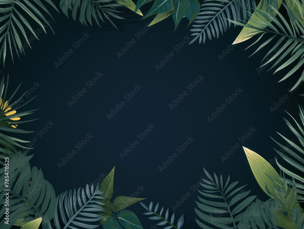Tropical plants frame background with navy blue blank space for text on navy blue background, top view. Flat lay style. ,copy Space