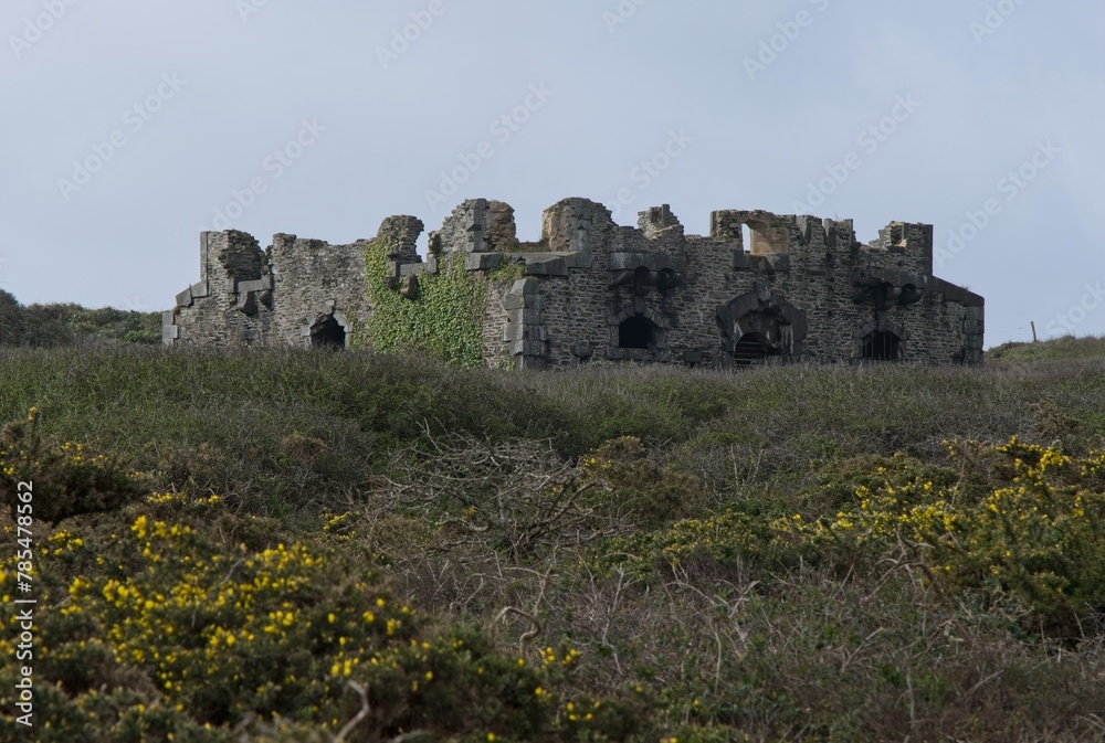 Crozon, France - Apr 5, 2024: Aber Fortress in Finistere, Brittany.  It's located between the hamlets of Treberon. Cloudy spring day. Selective focus.