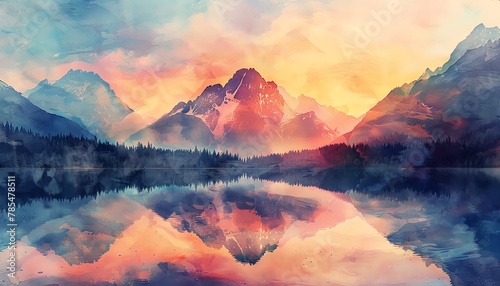 Capture the grandeur of a majestic mountain range at sunset in vivid watercolors  highlighting the warm hues of the sky and the rugged peaks against a tranquil lake