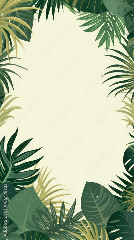 Tropical plants frame background with olive blank space for text on olive background, top view. Flat lay style. ,copy Space flat design vector illustration