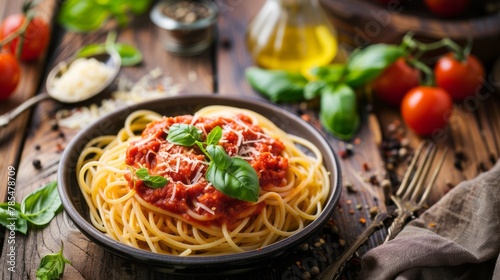 Delicious spaghetti with amatriciana sauce served on rustic wooden table, savory italian pasta dish concept