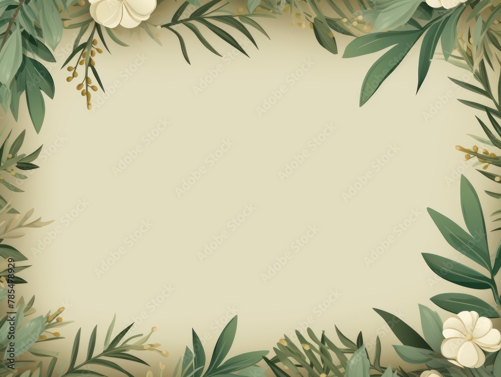 Tropical plants frame background with olive blank space for text on olive background, top view. Flat lay style. ,copy Space flat design vector illustration