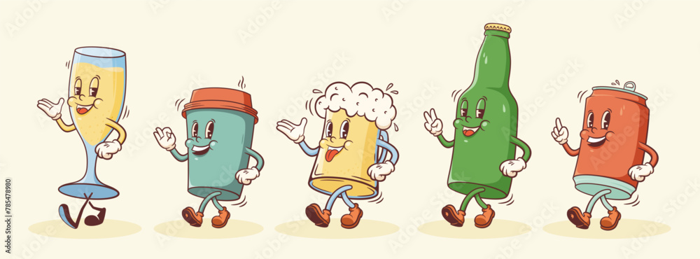 Groovy Beer, Coffee and Champagne Retro Characters Illustration. Cartoon Drink Glass and Can Containers Walking Smiling Vector Food Mascot Template Happy Vintage Beverages Rubberhose Style Drawing - obrazy, fototapety, plakaty 